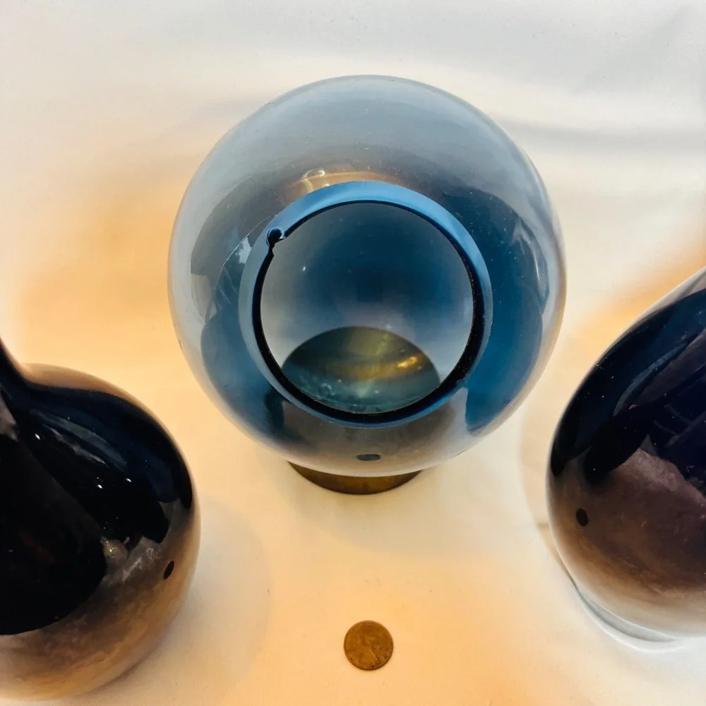 Cobalt Blue Sculptural Vase Set of 3 Orb Brass Base Modern Decor